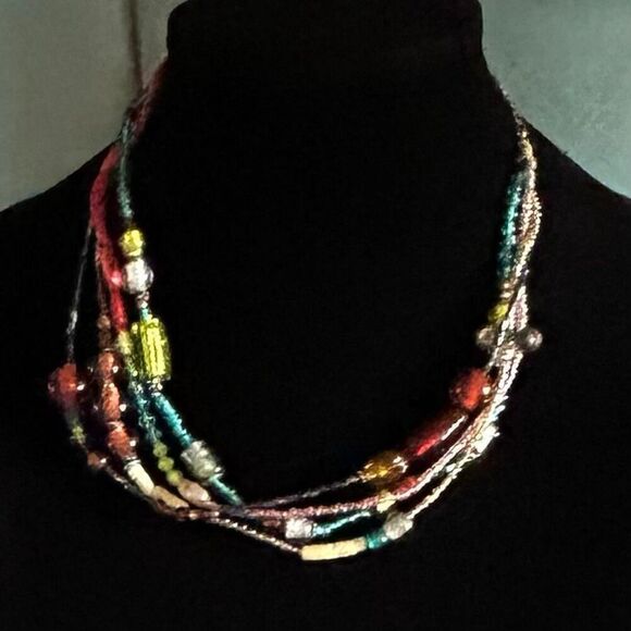 Handmade Glass Mixed Beaded Necklace Women's Adjustable Multicolor 4 Strand - Picture 3 of 7